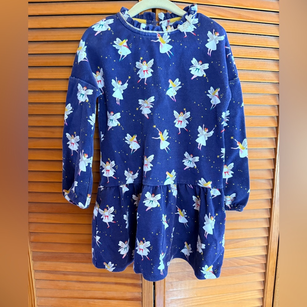 Mini Boden Navy Fairy-Print Long Sleeve Dress, Gold trim details